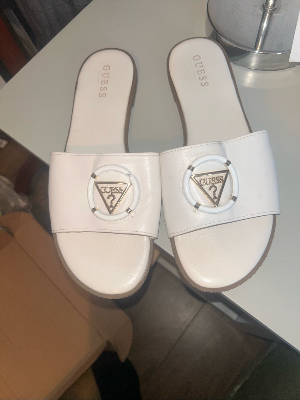GUESS White Slide Sandals with Gold Triangle Logo